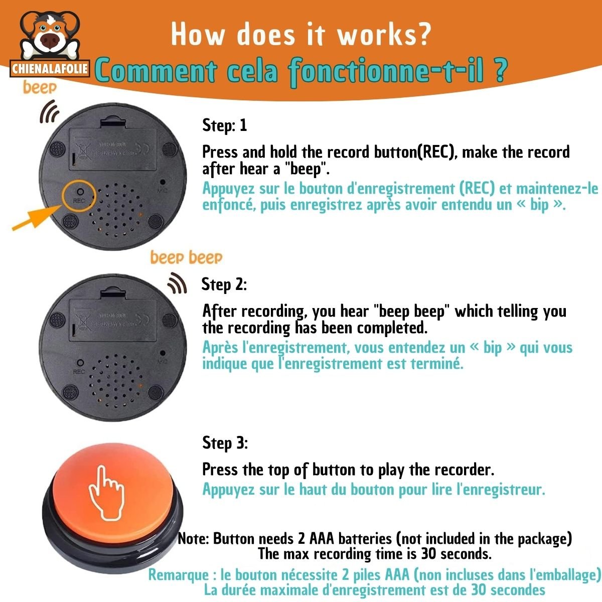 Bouton Enregistrement Vocal pour Chien - CJGY211121401AZ - Boutons enregistreurs - Chienalafolie